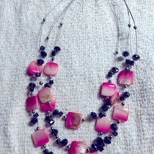 Pink stone and black bead necklace like new